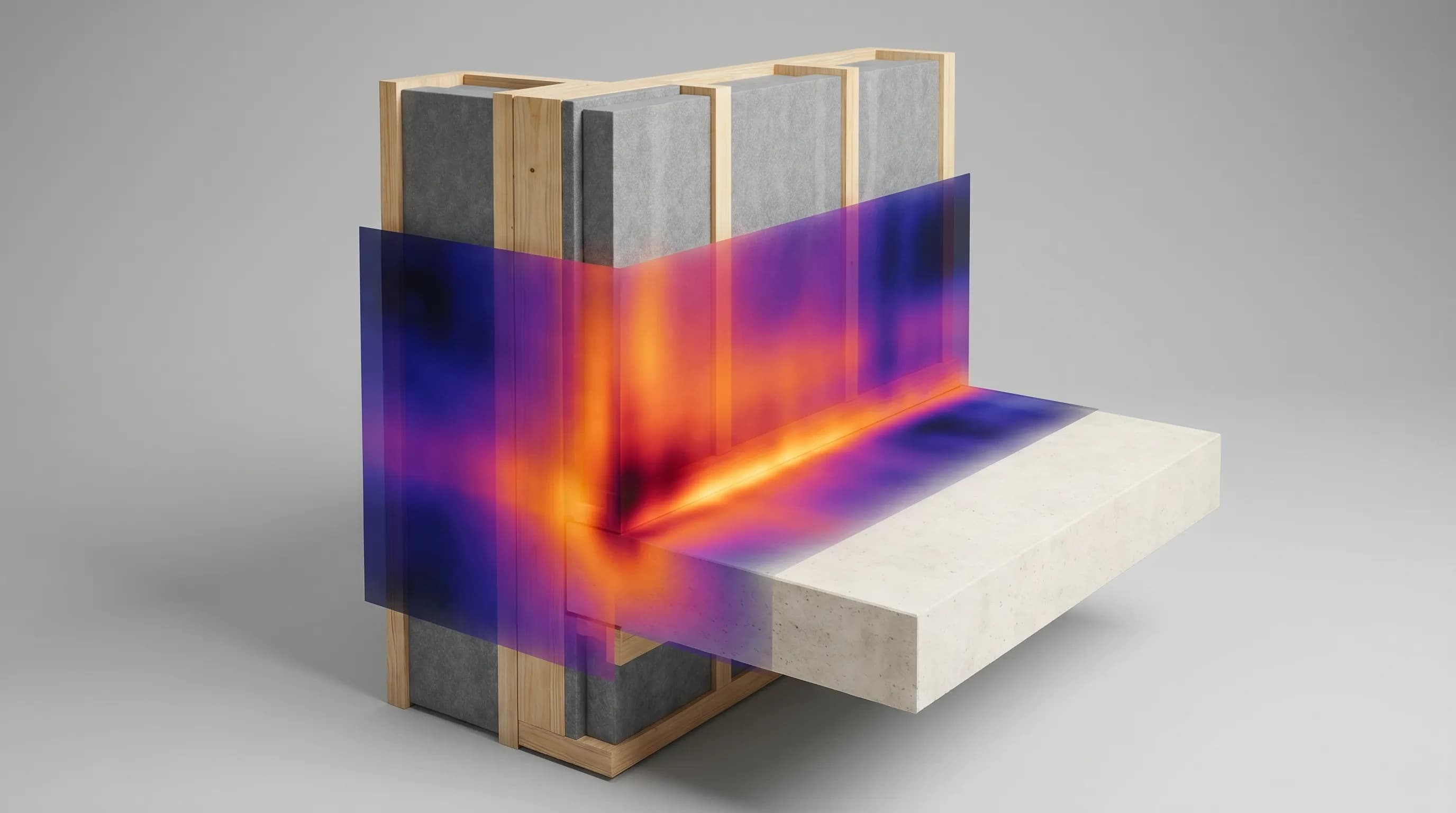 A 3D thermal model of a building corner where two walls and a floor meet, showing the temperature gradient across the junction